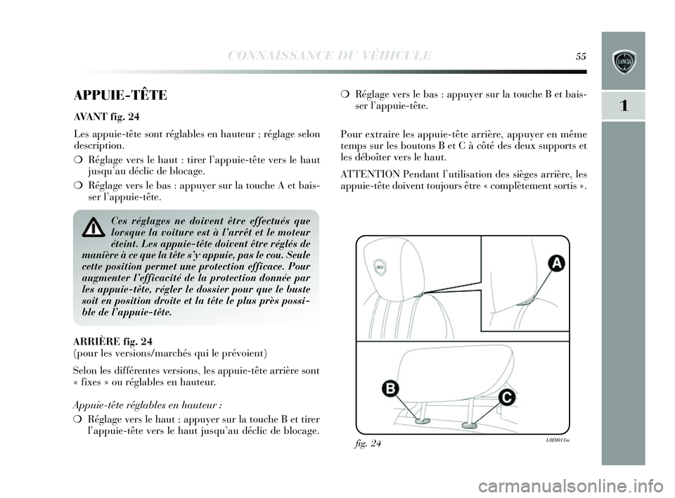 Lancia Delta 2014 Notice dentretien (in French) CONNAISSANCE DU VÉHICULE55
1
APPUIE-TÊTE
AVANT fig. 24
Les appuie-tête s ont réglables en hauteur ; réglage selon
des cription.
❍ Réglage vers le haut : tirer l’ appuie-tête vers le haut Lancia Delta 2014 Notice dentretien (in French) CONNAISSANCE DU VÉHICULE55
1
APPUIE-TÊTE
AVANT fig. 24
Les appuie-tête s ont réglables en hauteur ; réglage selon
des cription.
❍ Réglage vers le haut : tirer l’ appuie-tête vers le haut
