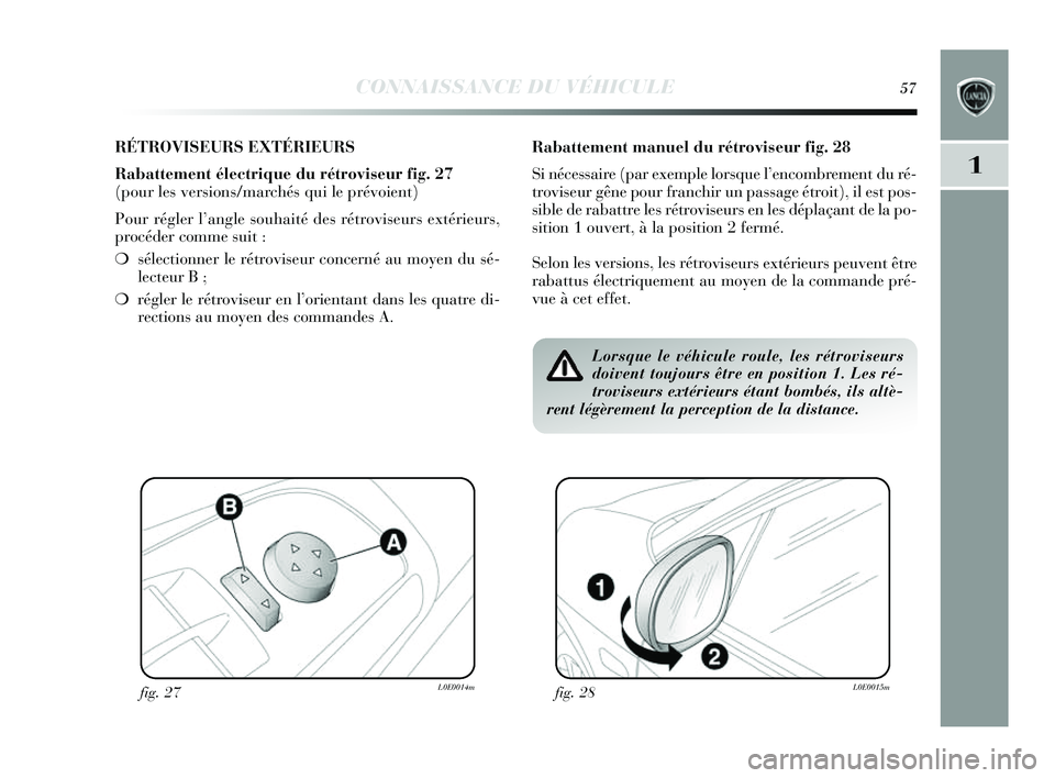 Lancia Delta 2014 Notice dentretien (in French) CONNAISSANCE DU VÉHICULE57
1
RÉTROVISEURS EXTÉRIEURS
Rabattement électrique du rétroviseur fi g. 27
(pour les versions/marchés qui le prévoient)
Pour régler l’ angle souhaité des rétrovis Lancia Delta 2014 Notice dentretien (in French) CONNAISSANCE DU VÉHICULE57
1
RÉTROVISEURS EXTÉRIEURS
Rabattement électrique du rétroviseur fi g. 27
(pour les versions/marchés qui le prévoient)
Pour régler l’ angle souhaité des rétrovis