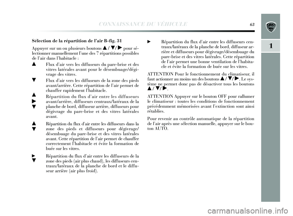 Lancia Delta 2014  Notice dentretien (in French) CONNAISSANCE DU VÉHICULE63
1
Sélection de la répartition de l’air B-fig. 31
Appuy er sur un ou plus ieurs boutons  
 / / ˙pour sé-
lectionner manuellement l ’une des  7 répartitions  possi
