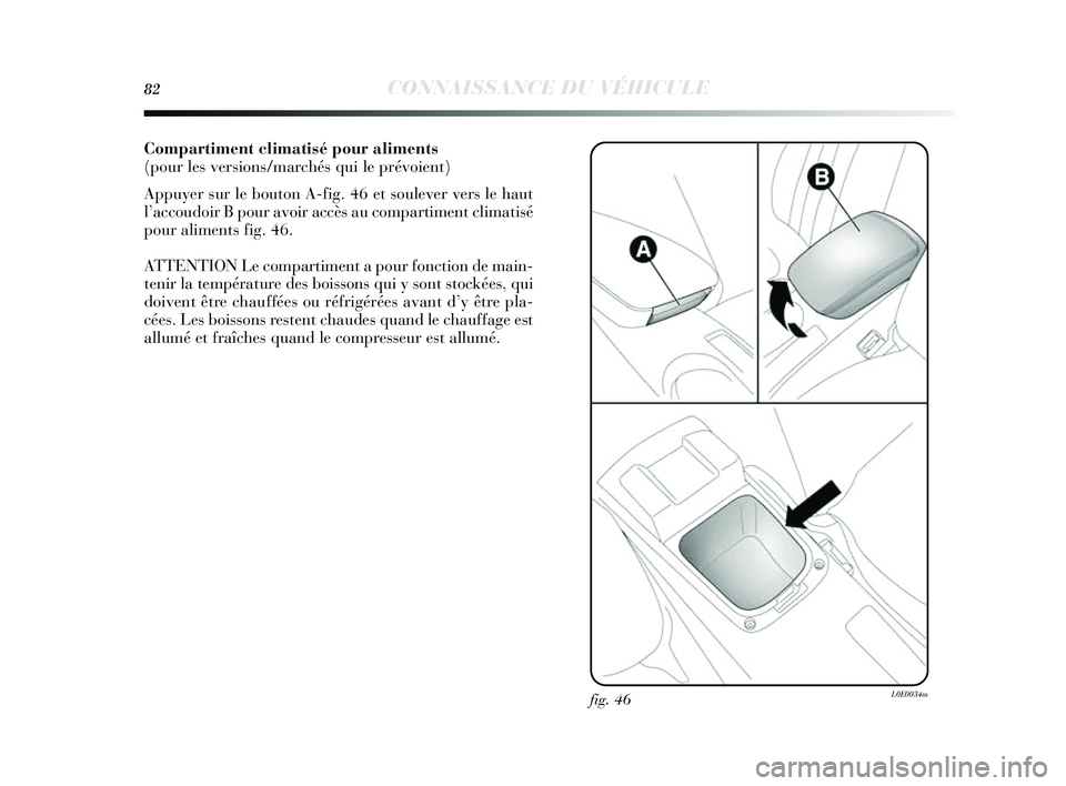 Lancia Delta 2014 Notice dentretien (in French) 82CONNAISSANCE DU VÉHICULE
Compartiment climatisé pour aliments
(pour les versions/marchés qui le prévoient)
Appuy er sur le bouton A-fig. 46 et s oulever vers le haut
l ’accoudoir B pour avoir Lancia Delta 2014 Notice dentretien (in French) 82CONNAISSANCE DU VÉHICULE
Compartiment climatisé pour aliments
(pour les versions/marchés qui le prévoient)
Appuy er sur le bouton A-fig. 46 et s oulever vers le haut
l ’accoudoir B pour avoir