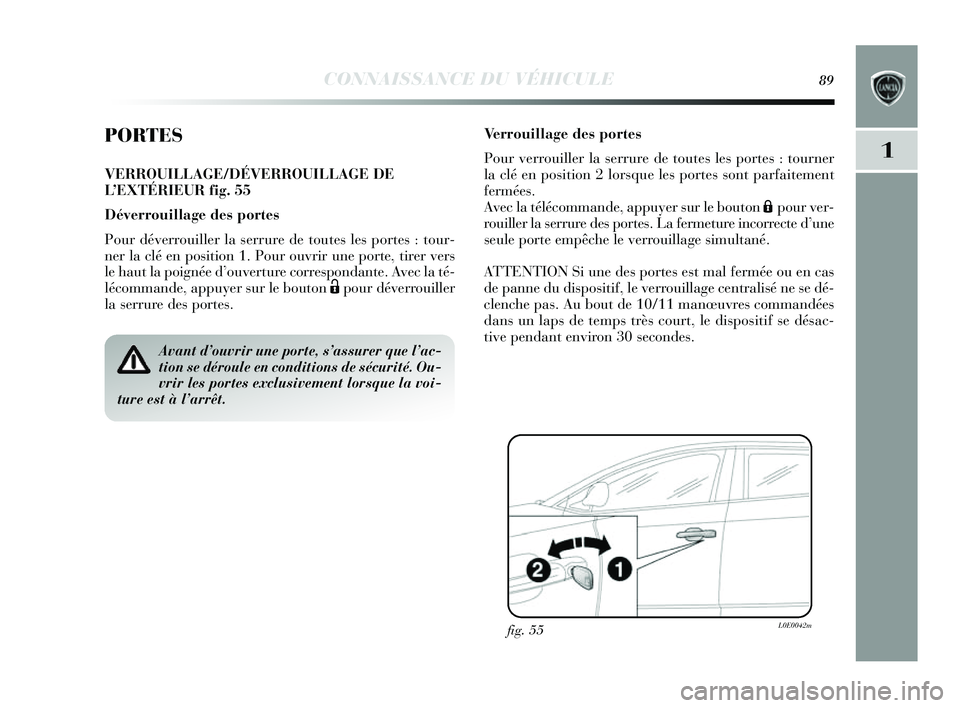 Lancia Delta 2014  Notice dentretien (in French) CONNAISSANCE DU VÉHICULE89
1
PORTES
VERROUILLAGE/DÉVERROUILLAGE DE
L’EXTÉRIEUR fig. 55
Déverrouillage des portes
Pour déverrouiller la  serrure de toutes  les portes  : tour-
ner la clé en po 