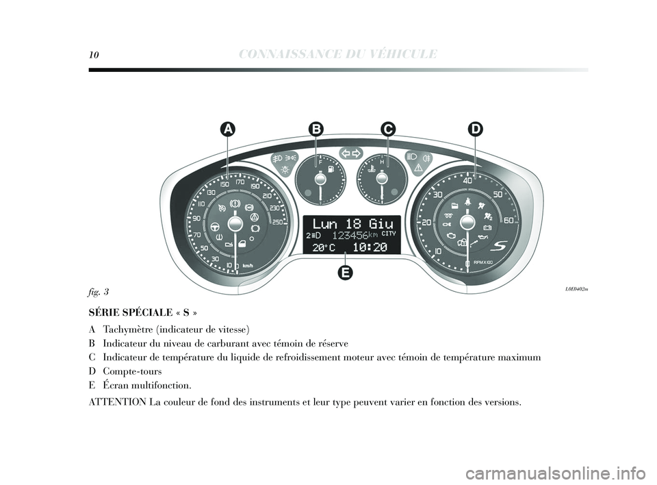 Lancia Delta 2015  Notice dentretien (in French) 10CONNAISSANCE DU VÉHICULE
SÉRIE SPÉCIALE « S »
ATach ymètre (indicateur de vite sse)
B Indicateur du niveau de carburant avec témoin de ré serve
C Indicateur de température du liquide de ref