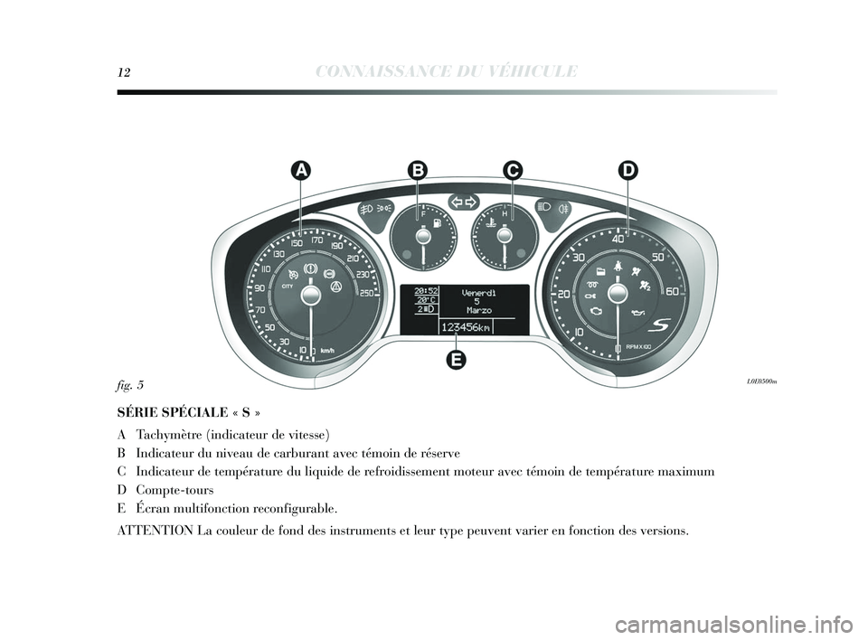 Lancia Delta 2015  Notice dentretien (in French) 12CONNAISSANCE DU VÉHICULE
SÉRIE SPÉCIALE « S »
ATach ymètre (indicateur de vite sse)
B Indicateur du niveau de carburant avec témoin de ré serve
C Indicateur de température du liquide de ref