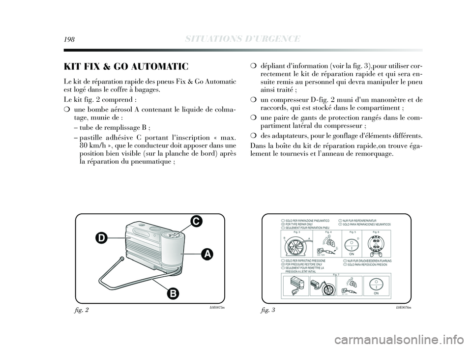 Lancia Delta 2015 Notice dentretien (in French) 198SITUATIONS D’URGENCE
❍dépliant dinformation (voir la fig. 3),pour utiliser cor-
rectement le kit de réparation rapide et qui sera en-
suite remis au personnel qui devra manipuler le pneu
ain Lancia Delta 2015 Notice dentretien (in French) 198SITUATIONS D’URGENCE
❍dépliant dinformation (voir la fig. 3),pour utiliser cor-
rectement le kit de réparation rapide et qui sera en-
suite remis au personnel qui devra manipuler le pneu
ain