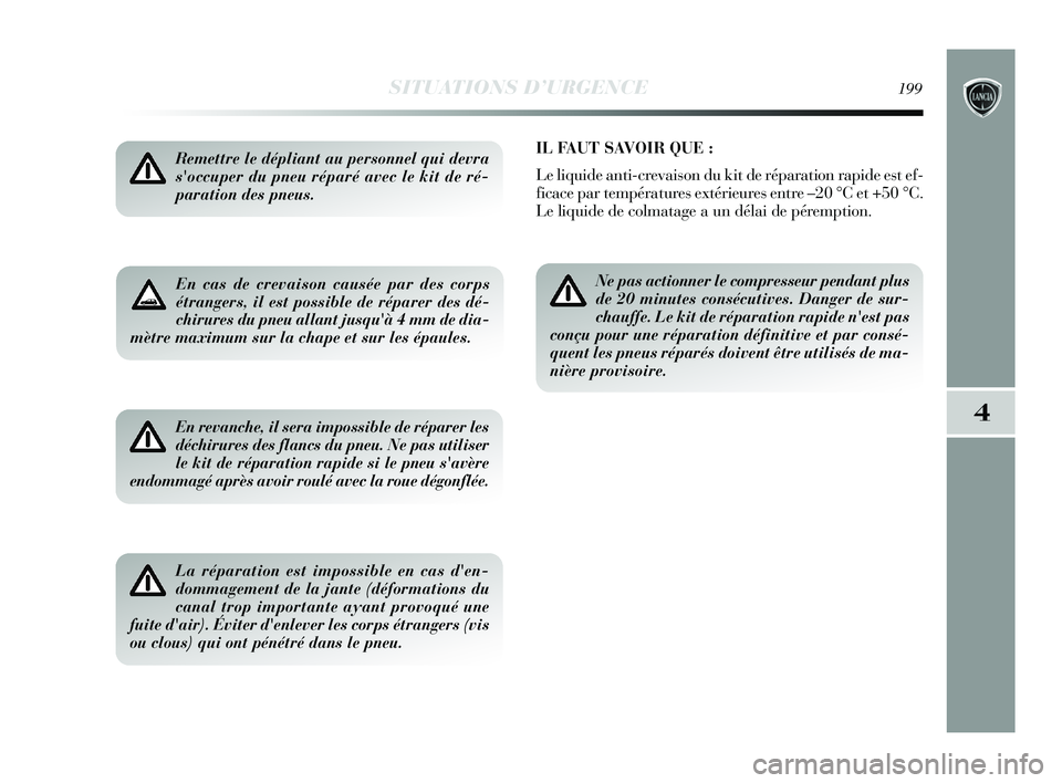 Lancia Delta 2015 Notice dentretien (in French) SITUATIONS D’URGENCE199
4
En cas de crevaison causée par des corps
étrangers, il est possible de réparer des dé-
chirures du pneu allant jusquà 4 mm de dia-
mètre maximum sur la chape et sur Lancia Delta 2015 Notice dentretien (in French) SITUATIONS D’URGENCE199
4
En cas de crevaison causée par des corps
étrangers, il est possible de réparer des dé-
chirures du pneu allant jusquà 4 mm de dia-
mètre maximum sur la chape et sur