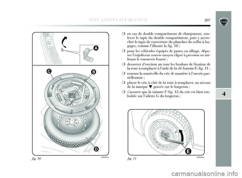 Lancia Delta 2015 Notice dentretien (in French) SITUATIONS D’URGENCE207
4
fig. 10L0E0081m
❍en cas de double compartiment de chargement, sou-
lever le tapis du double compartiment, puis y accro-
cher le tapis de couverture du plancher du coffre Lancia Delta 2015 Notice dentretien (in French) SITUATIONS D’URGENCE207
4
fig. 10L0E0081m
❍en cas de double compartiment de chargement, sou-
lever le tapis du double compartiment, puis y accro-
cher le tapis de couverture du plancher du coffre