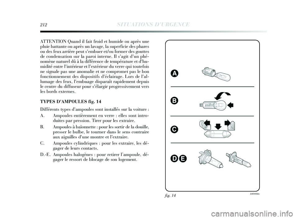 Lancia Delta 2015 Notice dentretien (in French) 212SITUATIONS D’URGENCE
ATTENTION Quand il fait froid et humide ou après une
pluie battante ou après un lavage, la superficie des phares
ou des feux arrière peut sembuer et/ou former des gouttes Lancia Delta 2015 Notice dentretien (in French) 212SITUATIONS D’URGENCE
ATTENTION Quand il fait froid et humide ou après une
pluie battante ou après un lavage, la superficie des phares
ou des feux arrière peut sembuer et/ou former des gouttes