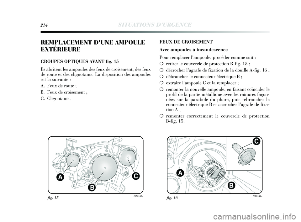 Lancia Delta 2015 Notice dentretien (in French) 214SITUATIONS D’URGENCE
REMPLACEMENT DUNE AMPOULE
EXTÉRIEURE
GROUPES OPTIQUES AVANT fig. 15
Ils abritent les ampoules des feux de croisement, des feux
de route et des clignotants. La disposition d Lancia Delta 2015 Notice dentretien (in French) 214SITUATIONS D’URGENCE
REMPLACEMENT DUNE AMPOULE
EXTÉRIEURE
GROUPES OPTIQUES AVANT fig. 15
Ils abritent les ampoules des feux de croisement, des feux
de route et des clignotants. La disposition d
