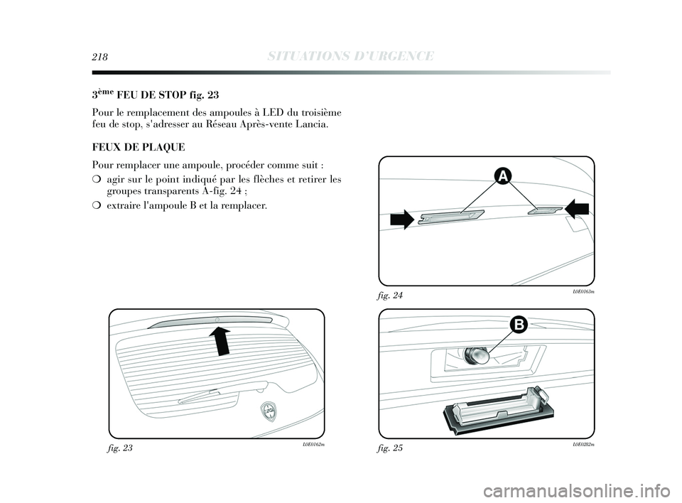 Lancia Delta 2015 Notice dentretien (in French) 218SITUATIONS D’URGENCE
3èmeFEU DE STOP fig. 23
Pour le remplacement des ampoules à LED du troisième
feu de stop, sadresser au Réseau Après-vente Lancia.
FEUX DE PLAQUE
Pour remplacer une ampo Lancia Delta 2015 Notice dentretien (in French) 218SITUATIONS D’URGENCE
3èmeFEU DE STOP fig. 23
Pour le remplacement des ampoules à LED du troisième
feu de stop, sadresser au Réseau Après-vente Lancia.
FEUX DE PLAQUE
Pour remplacer une ampo