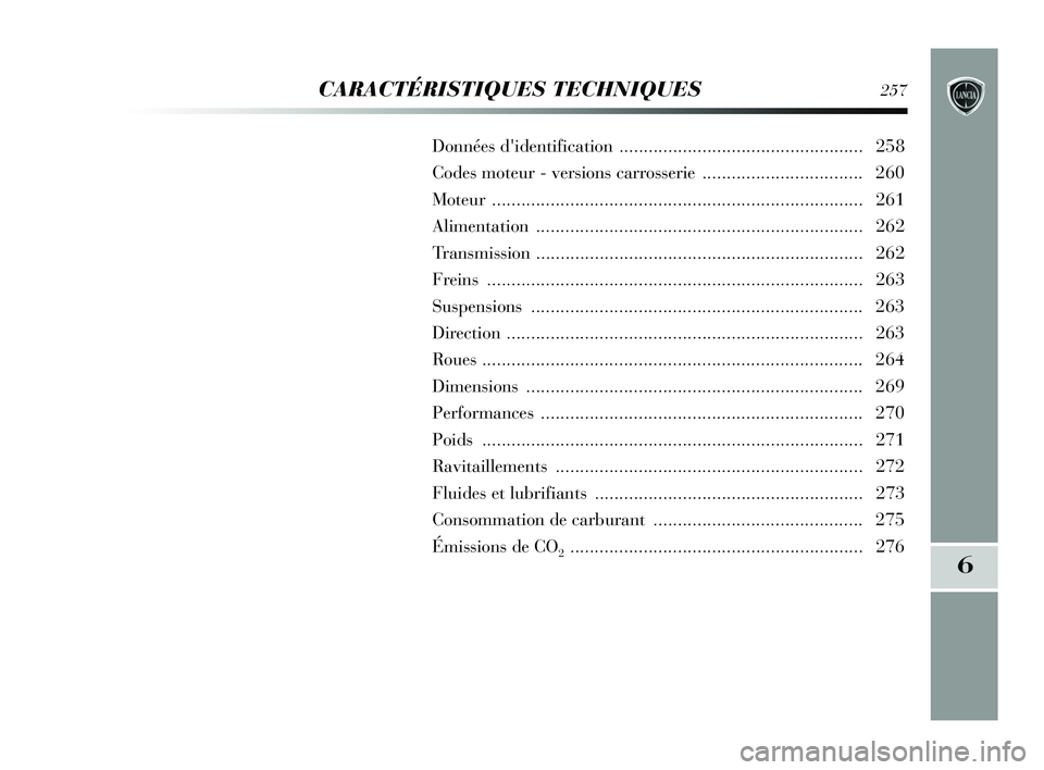 Lancia Delta 2015 Notice dentretien (in French) 6
CARACTÉRISTIQUES TECHNIQUES257
Données didentification .................................................. 258
Codes moteur - versions carrosserie ................................. 260
Moteur ... Lancia Delta 2015 Notice dentretien (in French) 6
CARACTÉRISTIQUES TECHNIQUES257
Données didentification .................................................. 258
Codes moteur - versions carrosserie ................................. 260
Moteur ...