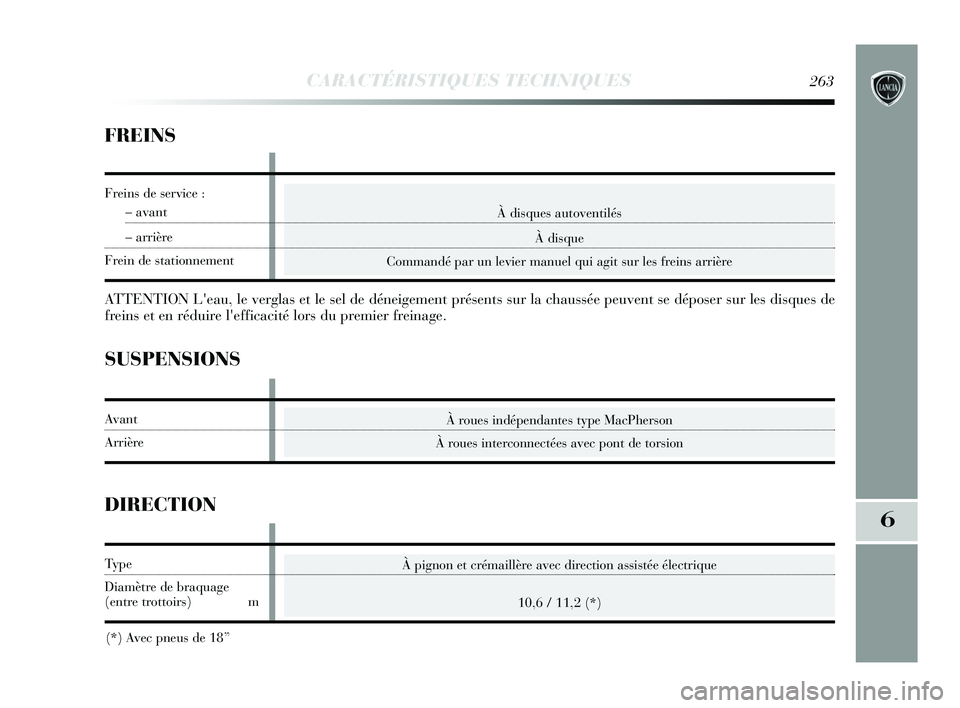Lancia Delta 2015 Notice dentretien (in French) CARACTÉRISTIQUES TECHNIQUES263
6
À disques autoventilésÀ disque
Commandé par un levier manuel qui agit sur les freins arrière
FREINS
ATTENTION Leau, le verglas et le sel de déneigement présen Lancia Delta 2015 Notice dentretien (in French) CARACTÉRISTIQUES TECHNIQUES263
6
À disques autoventilésÀ disque
Commandé par un levier manuel qui agit sur les freins arrière
FREINS
ATTENTION Leau, le verglas et le sel de déneigement présen