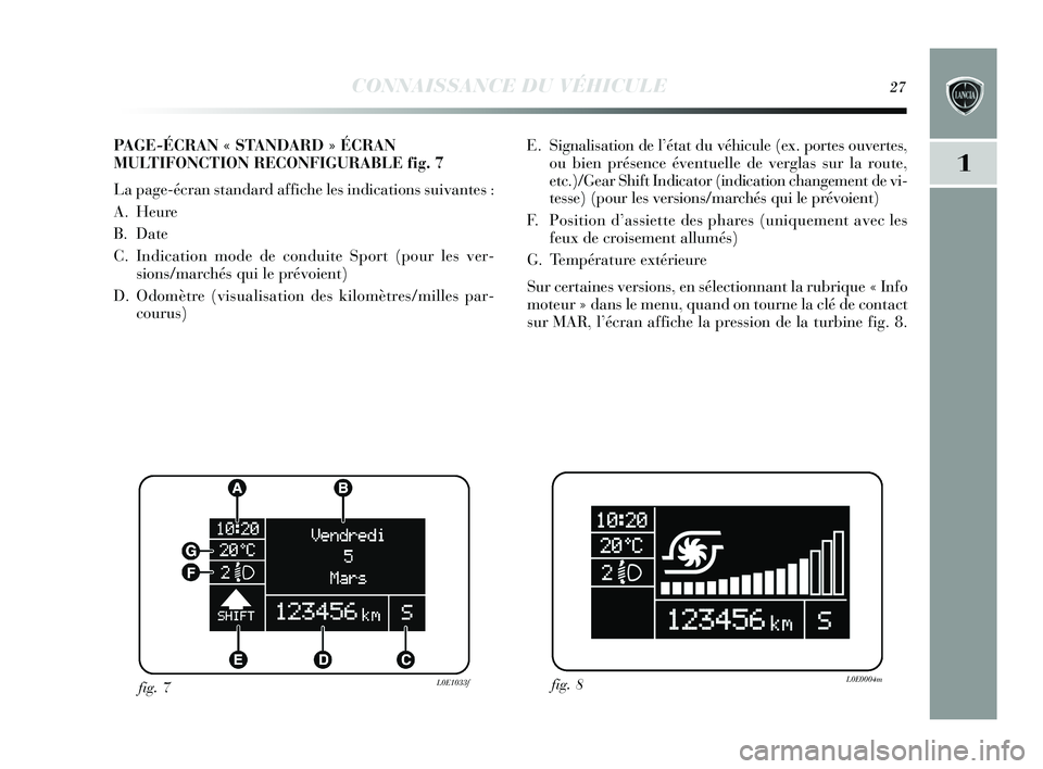 Lancia Delta 2015 Notice dentretien (in French) CONNAISSANCE DU VÉHICULE27
1
E. Signalisation de l’état du véhicule (ex. portes ouvertes,
ou bien présence éventuelle de verglas sur la route,
etc.)/Gear Shift Indicator (indication changemen Lancia Delta 2015 Notice dentretien (in French) CONNAISSANCE DU VÉHICULE27
1
E. Signalisation de l’état du véhicule (ex. portes ouvertes,
ou bien présence éventuelle de verglas sur la route,
etc.)/Gear Shift Indicator (indication changemen
