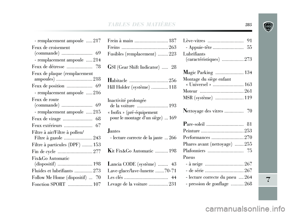 Lancia Delta 2015 Notice dentretien (in French) TABLES DES MATIÈRES285
7
Frein à main .......................... 187
Freins .................................... 263
Fusibles (rempla cement) ........ 223
GSI (Gear Shift Indicator) ..... 28
Habita Lancia Delta 2015 Notice dentretien (in French) TABLES DES MATIÈRES285
7
Frein à main .......................... 187
Freins .................................... 263
Fusibles (rempla cement) ........ 223
GSI (Gear Shift Indicator) ..... 28
Habita