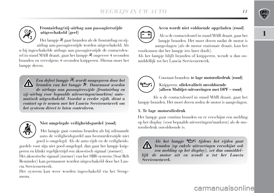 Lancia Delta 2011  Instructieboek (in Dutch) WEGWIJS IN UW AUTO11
1
Frontairbag/zij-airbag aan passagierszijde
uitgeschakeld (geel)
Het lampje 
“gaat branden als de frontairbag en zij-
airbag aan passagierszijde worden uitgeschakeld. Als
u bij