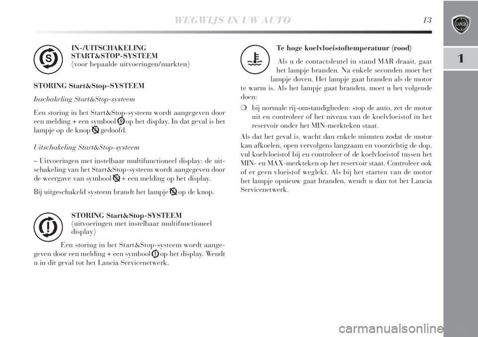 Lancia Delta 2011  Instructieboek (in Dutch) WEGWIJS IN UW AUTO13
1
IN-/UITSCHAKELING
START&STOP-SYSTEEM
(voor bepaalde uitvoeringen/markten)
STORING Start&Stop-SYSTEEM
Inschakeling Start&Stop-systeem
Een storing in het Start&Stop-systeem wordt 