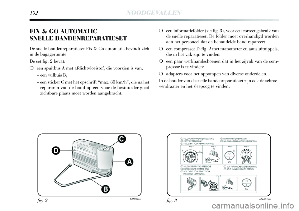Lancia Delta 2013 Instructieboek (in Dutch) 192NOODGEVALLEN
❍een informatiefolder (zie fig. 3), voor een correct gebruik van
de snelle reparatieset. De folder moet overhandigd worden
aan het personeel dat de behandelde band repareert;
❍een Lancia Delta 2013 Instructieboek (in Dutch) 192NOODGEVALLEN
❍een informatiefolder (zie fig. 3), voor een correct gebruik van
de snelle reparatieset. De folder moet overhandigd worden
aan het personeel dat de behandelde band repareert;
❍een