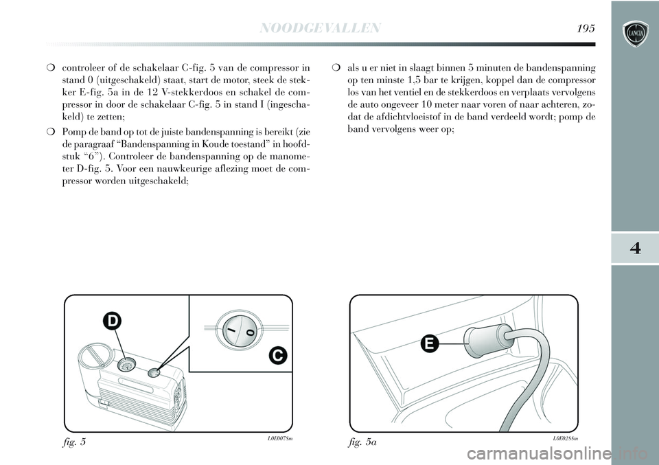 Lancia Delta 2013 Instructieboek (in Dutch) NOODGEVALLEN195
4
❍controleer of de schakelaar C-fig. 5 van de compressor in
stand 0 (uitgeschakeld) staat, start de motor, steek de stek-
ker E-fig. 5a in de 12 V-stekkerdoos en schakel de com-
pre Lancia Delta 2013 Instructieboek (in Dutch) NOODGEVALLEN195
4
❍controleer of de schakelaar C-fig. 5 van de compressor in
stand 0 (uitgeschakeld) staat, start de motor, steek de stek-
ker E-fig. 5a in de 12 V-stekkerdoos en schakel de com-
pre