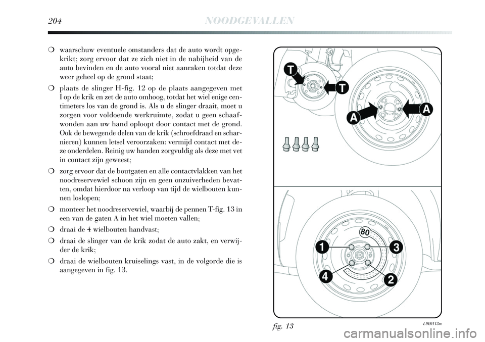 Lancia Delta 2013 Instructieboek (in Dutch) 204NOODGEVALLEN
❍waarschuw eventuele omstanders dat de auto wordt opge-
krikt; zorg ervoor dat ze zich niet in de nabijheid van de
auto bevinden en de auto vooral niet aanraken totdat deze
weer gehe Lancia Delta 2013 Instructieboek (in Dutch) 204NOODGEVALLEN
❍waarschuw eventuele omstanders dat de auto wordt opge-
krikt; zorg ervoor dat ze zich niet in de nabijheid van de
auto bevinden en de auto vooral niet aanraken totdat deze
weer gehe