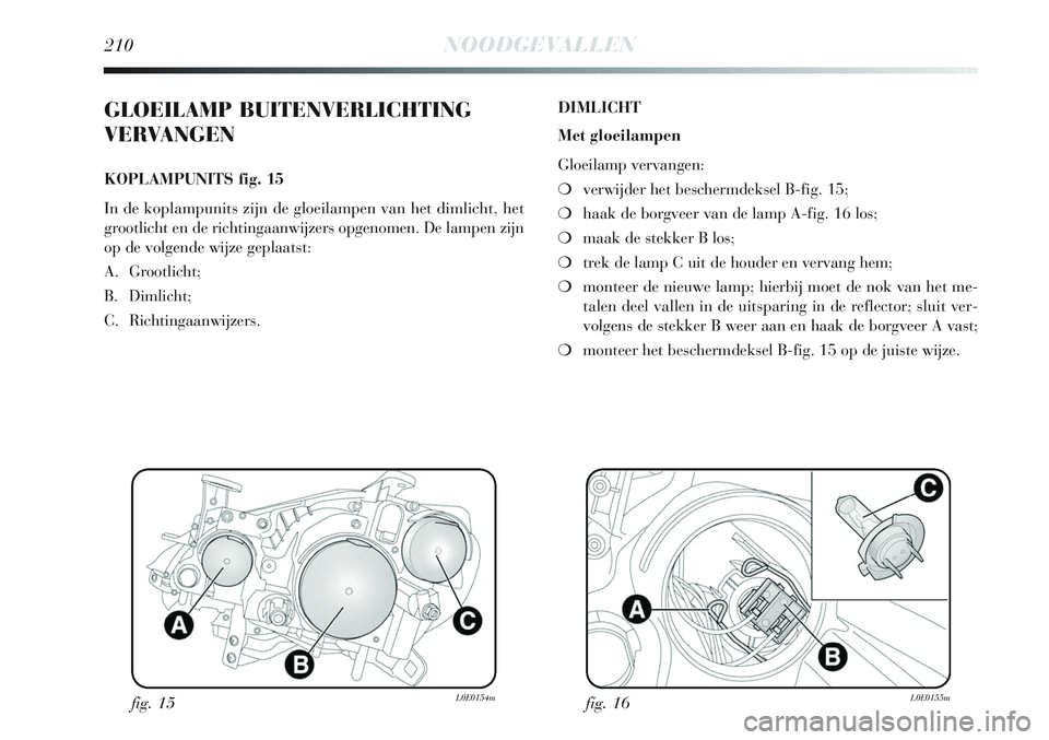 Lancia Delta 2013  Instructieboek (in Dutch) 210NOODGEVALLEN
GLOEILAMP BUITENVERLICHTING
VERVANGEN
KOPLAMPUNITS fig. 15
In de koplampunits zijn de gloeilampen van het dimlicht, het
grootlicht en de richtingaanwijzers opgenomen. De lampen zijn
op