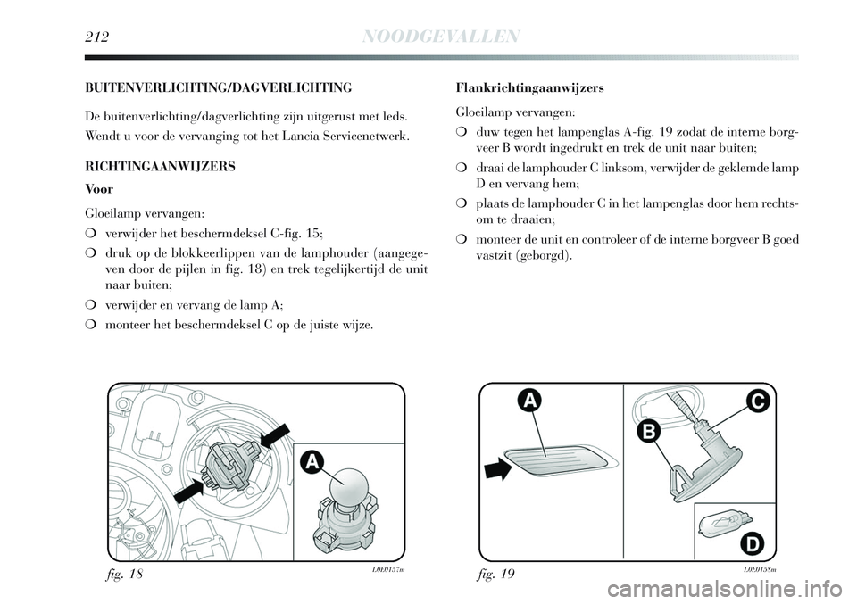 Lancia Delta 2013  Instructieboek (in Dutch) 212NOODGEVALLEN
BUITENVERLICHTING/DAGVERLICHTING
De buitenverlichting/dagverlichting zijn uitgerust met leds.
Wendt u voor de vervanging tot het Lancia Servicenetwerk.
RICHTINGAANWIJZERS
Voor
Gloeilam