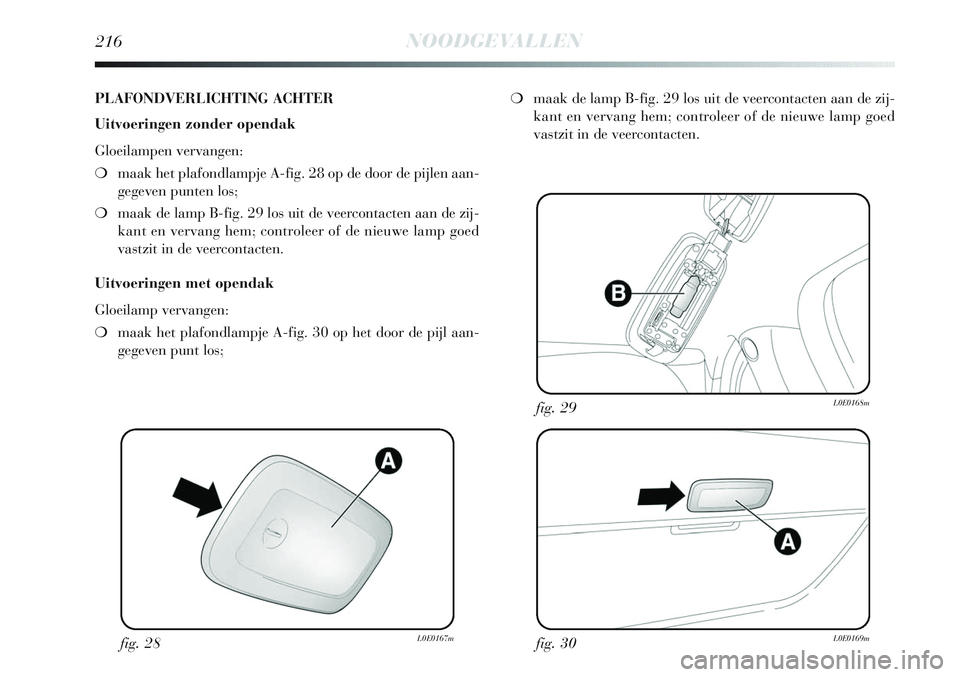 Lancia Delta 2013  Instructieboek (in Dutch) 216NOODGEVALLEN
fig. 28L0E0167mfig. 30L0E0169m
fig. 29L0E0168m
PLAFONDVERLICHTING ACHTER
Uitvoeringen zonder opendak
Gloeilampen vervangen:
❍maak het plafondlampje A-fig. 28 op de door de pijlen aan