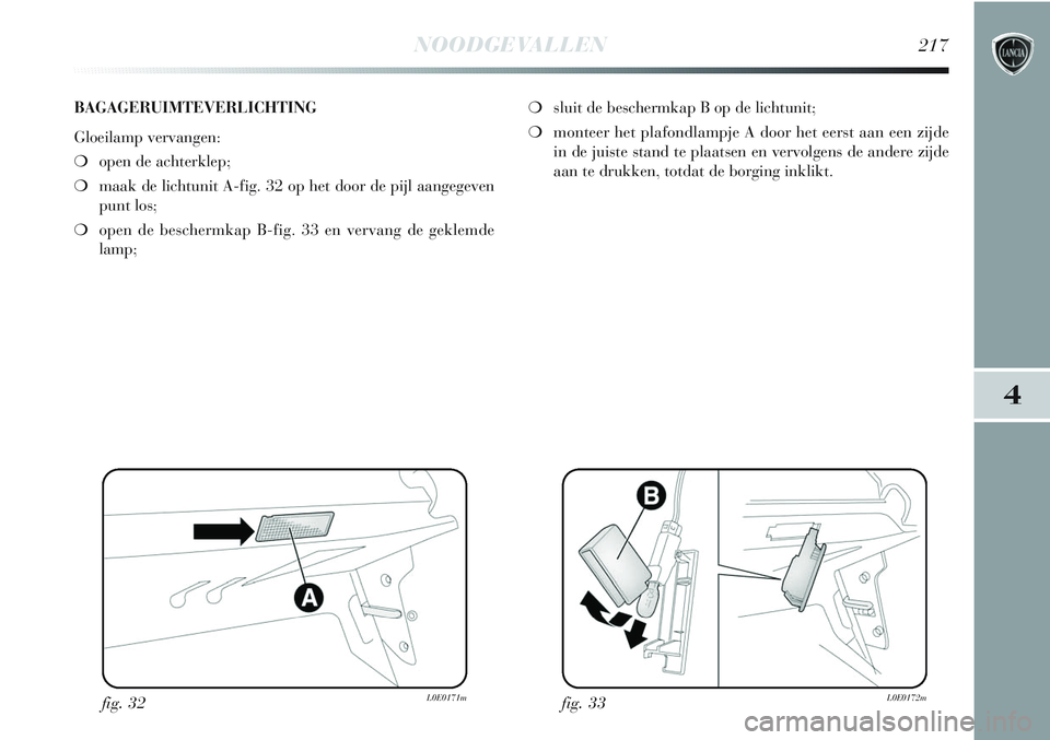 Lancia Delta 2013  Instructieboek (in Dutch) NOODGEVALLEN217
4
fig. 32L0E0171mfig. 33L0E0172m
BAGAGERUIMTEVERLICHTING
Gloeilamp vervangen:
❍open de achterklep;
❍maak de lichtunit A-fig. 32 op het door de pijl aangegeven
punt los;
❍open de 