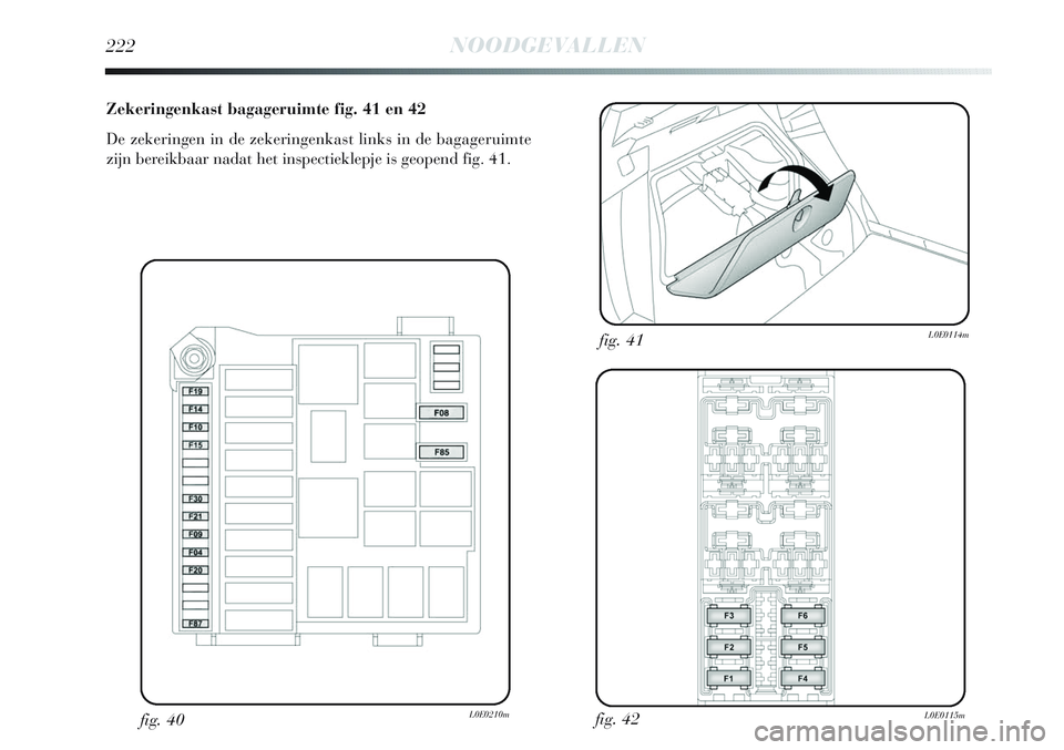 Lancia Delta 2013  Instructieboek (in Dutch) 222NOODGEVALLEN
Zekeringenkast bagageruimte fig. 41 en 42
De zekeringen in de zekeringenkast links in de bagageruimte
zijn bereikbaar nadat het inspectieklepje is geopend fig. 41.
fig. 42
L0E0115m
fig