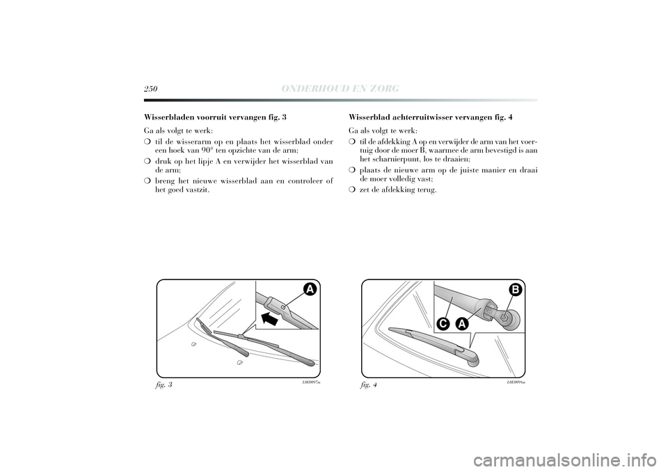 Lancia Delta 2014 Instructieboek (in Dutch) 250
ONDERHOUD EN ZORG
Wisserbladen voorruit vervangen fig. 3
Ga als volgt te werk:
❍til de wisserarm op en plaats het wisserblad onder
een hoek van 90° ten opzichte van de arm;
❍druk op het lip Lancia Delta 2014 Instructieboek (in Dutch) 250
ONDERHOUD EN ZORG
Wisserbladen voorruit vervangen fig. 3
Ga als volgt te werk:
❍til de wisserarm op en plaats het wisserblad onder
een hoek van 90° ten opzichte van de arm;
❍druk op het lip
