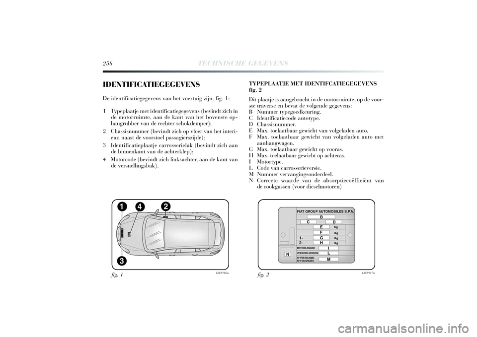Lancia Delta 2014 Instructieboek (in Dutch) 258
TECHNISCHE GEGEVENS
IDENTIFICATIEGEGEVENSDe identificatiegegevens van het voertuig zijn, fig. 1:
1 Typeplaatje met identificatiegegevens (bevindt zich in
de motorruimte, aan de kant van het boven Lancia Delta 2014 Instructieboek (in Dutch) 258
TECHNISCHE GEGEVENS
IDENTIFICATIEGEGEVENSDe identificatiegegevens van het voertuig zijn, fig. 1:
1 Typeplaatje met identificatiegegevens (bevindt zich in
de motorruimte, aan de kant van het boven