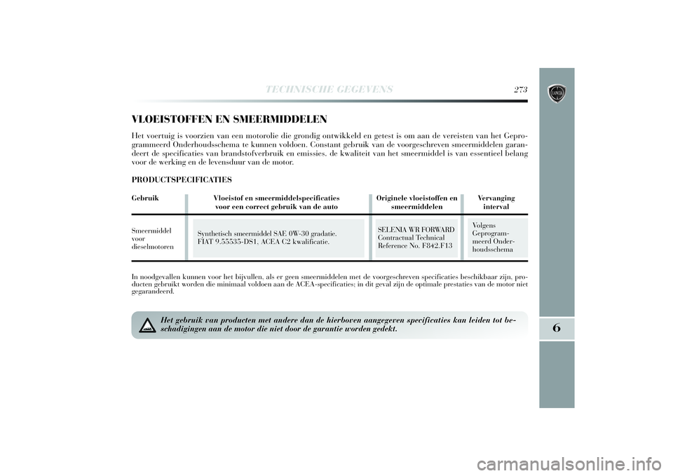 Lancia Delta 2014 Instructieboek (in Dutch) TECHNISCHE GEGEVENS
273
6
In noodgevallen kunnen voor het bijvullen, als er geen smeermiddelen met de voorgeschreven specificaties beschikbaar zijn, pro-
ducten gebruikt worden die minimaal voldoen aa Lancia Delta 2014 Instructieboek (in Dutch) TECHNISCHE GEGEVENS
273
6
In noodgevallen kunnen voor het bijvullen, als er geen smeermiddelen met de voorgeschreven specificaties beschikbaar zijn, pro-
ducten gebruikt worden die minimaal voldoen aa