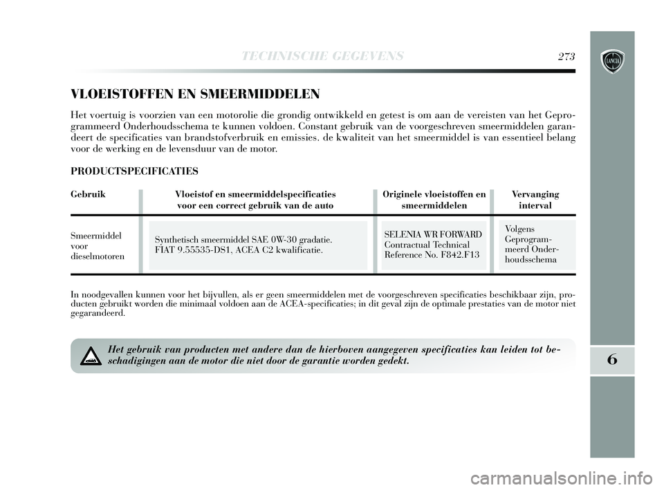 Lancia Delta 2015  Instructieboek (in Dutch) TECHNISCHE GEGEVENS273
6
In noodgevallen kunnen voor het bijvullen, als er geen smeermiddelen met\
 de voorgeschreven specificaties beschikbaar zijn, pro-
ducten gebruikt worden die minimaal voldoen a