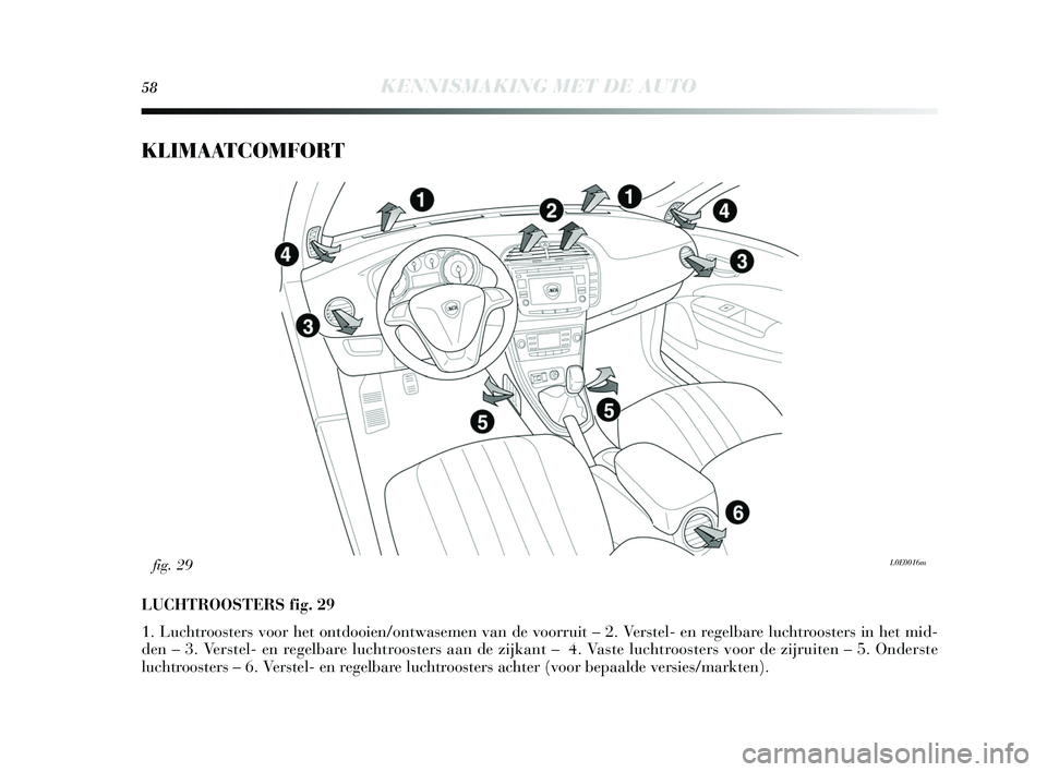 Lancia Delta 2015 Instructieboek (in Dutch) 58KENNISMAKING MET DE AUTO
KLIMAATCOMFORT
LUCHTROOSTERS fig. 29
1. Luchtroosters voor het ontdooien/ontwa semen van de voorruit – 2. Ver stel- en regelbare luchtroos ters in het mid-
den – 3. Vers Lancia Delta 2015 Instructieboek (in Dutch) 58KENNISMAKING MET DE AUTO
KLIMAATCOMFORT
LUCHTROOSTERS fig. 29
1. Luchtroosters voor het ontdooien/ontwa semen van de voorruit – 2. Ver stel- en regelbare luchtroos ters in het mid-
den – 3. Vers