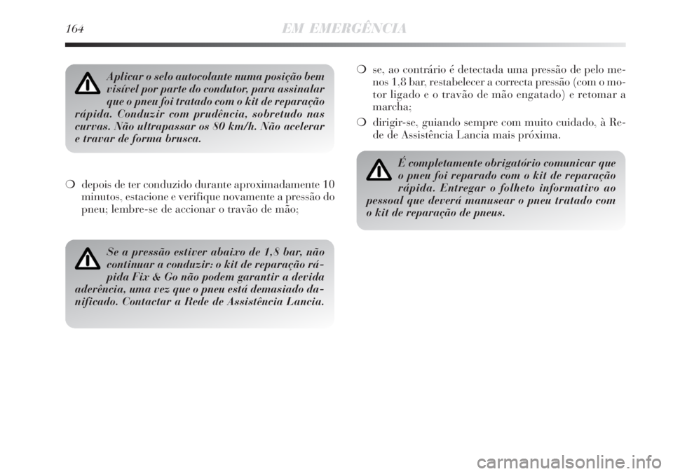 Lancia Delta 2008  Manual de Uso e Manutenção (in Portuguese) 164EM EMERGÊNCIA
depois de ter conduzido durante aproximadamente 10
minutos, estacione e verifique novamente a pressão do
pneu; lembre-se de accionar o travão de mão;se, ao contrário é detecta
