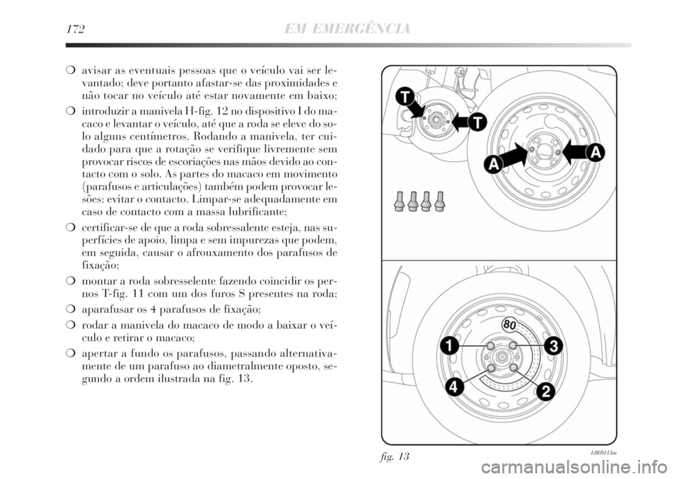 Lancia Delta 2008  Manual de Uso e Manutenção (in Portuguese) 172EM EMERGÊNCIA
avisar as eventuais pessoas que o veículo vai ser le-
vantado; deve portanto afastar-se das proximidades e
não tocar no veículo até estar novamente em baixo;
introduzir a maniv