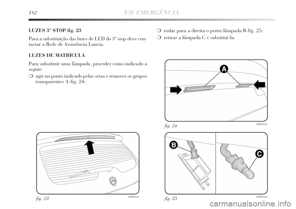 Lancia Delta 2008  Manual de Uso e Manutenção (in Portuguese) 182EM EMERGÊNCIA
LUZES 3° STOP fig. 23
Para a substituição das luzes de LED do 3º stop deve con-
tactar a Rede de Assistência Lancia.
LUZES DE MATRÍCULA
Para substituir uma lâmpada, proceder c