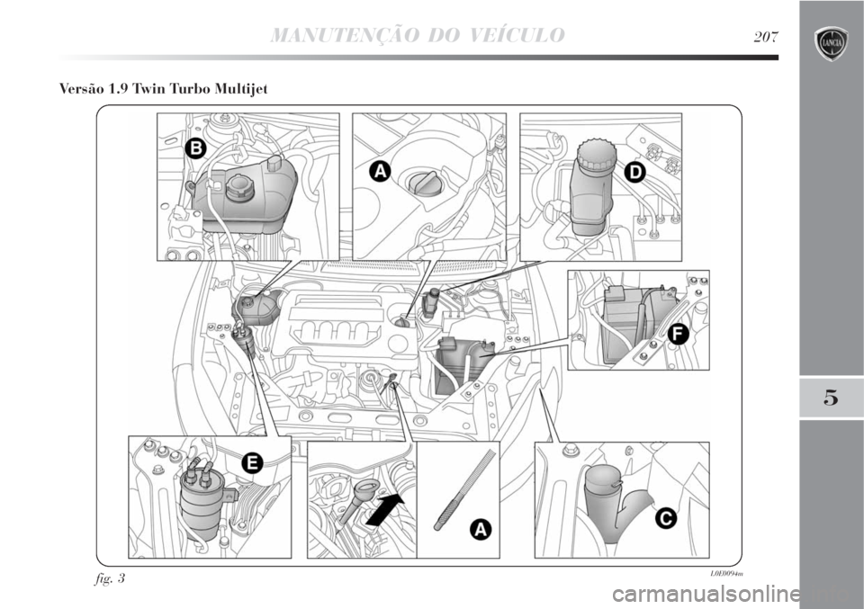 Lancia Delta 2008  Manual de Uso e Manutenção (in Portuguese) MANUTENÇÃO DO VEÍCULO207
5
Versão 1.9 Twin Turbo Multijet
fig. 3L0E0094m 