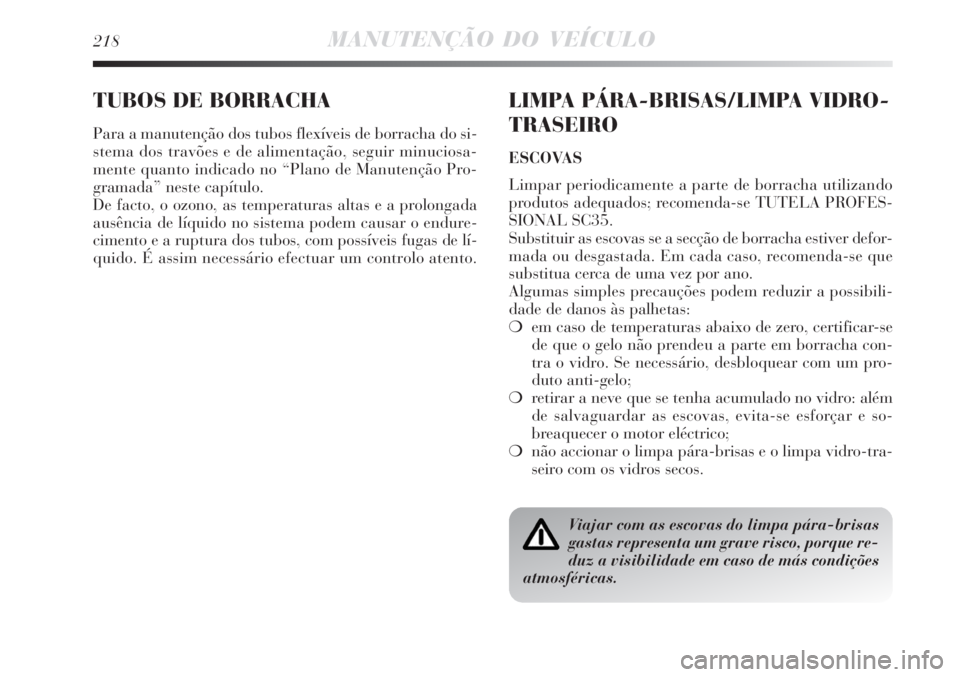 Lancia Delta 2008  Manual de Uso e Manutenção (in Portuguese) 218MANUTENÇÃO DO VEÍCULO
TUBOS DE BORRACHA
Para a manutenção dos tubos flexíveis de borracha do si-
stema dos travões e de alimentação, seguir minuciosa-
mente quanto indicado no “Plano de 