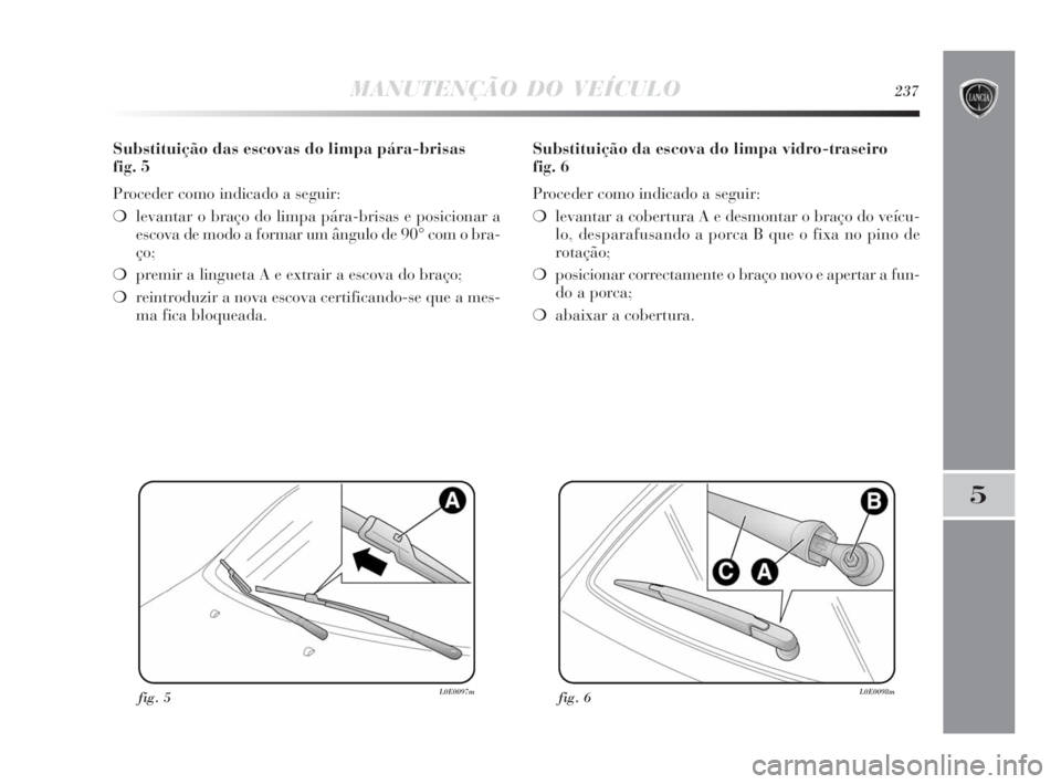 Lancia Delta 2010 Manual de Uso e Manutenção (in Portuguese) MANUTENÇÃO DO VEÍCULO237
5
Substituição das escovas do limpa pára-brisas
fig. 5
Proceder como indicado a seguir:
❍levantar o braço do limpa pára-brisas e posicionar a
escova de modo a forma Lancia Delta 2010 Manual de Uso e Manutenção (in Portuguese) MANUTENÇÃO DO VEÍCULO237
5
Substituição das escovas do limpa pára-brisas
fig. 5
Proceder como indicado a seguir:
❍levantar o braço do limpa pára-brisas e posicionar a
escova de modo a forma