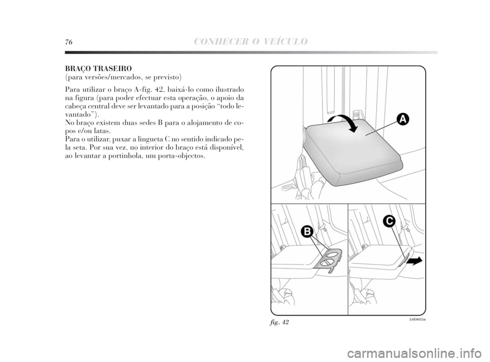 Lancia Delta 2010  Manual de Uso e Manutenção (in Portuguese) 76CONHECER O VEÍCULO
BRAÇO TRASEIRO 
(para versões/mercados, se previsto)
Para utilizar o braço A-fig. 42, baixá-lo como ilustrado
na figura (para poder efectuar esta operação, o apoio da
cabe