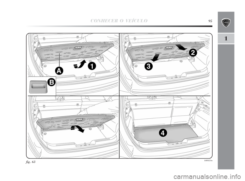 Lancia Delta 2010 Manual de Uso e Manutenção (in Portuguese) CONHECER O VEÍCULO95
1
fig. 63L0E0221m
001-142 Delta 3ed P 30-11-2009 13:59 Pagina 95 Lancia Delta 2010 Manual de Uso e Manutenção (in Portuguese) CONHECER O VEÍCULO95
1
fig. 63L0E0221m
001-142 Delta 3ed P 30-11-2009 13:59 Pagina 95