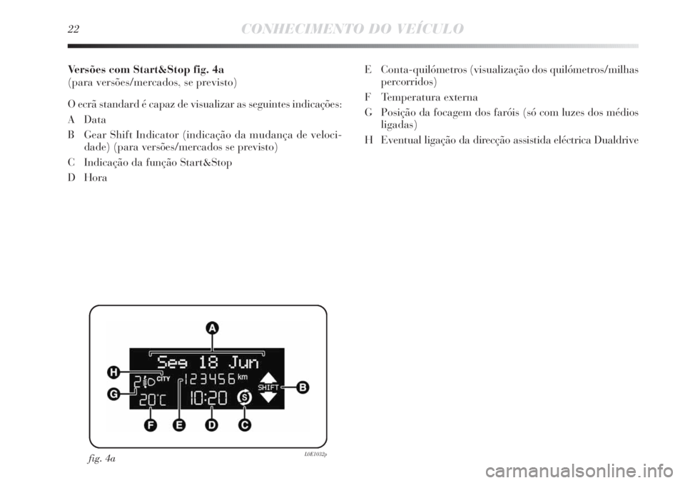 Lancia Delta 2011  Manual de Uso e Manutenção (in Portuguese) 22CONHECIMENTO DO VEÍCULO
Versões com Start&Stop fig. 4a
(para versões/mercados, se previsto)
O ecrã standard é capaz de visualizar as seguintes indicações:
A Data
B Gear Shift Indicator (indic