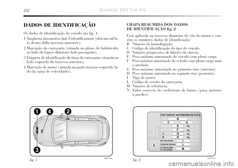 Lancia Delta 2011  Manual de Uso e Manutenção (in Portuguese) 252DADOS TÉCNICOS
DADOS DE IDENTIFICAÇÃO
Os dados de identificação do veículo são fig. 1:
1 Targhetta riassuntiva dati d’identificazione (ubicata sul la-
to destro della traversa anteriore);
