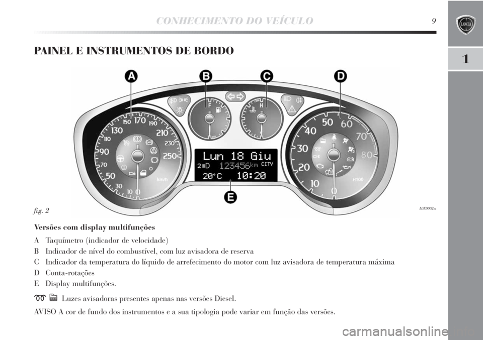 Lancia Delta 2013 Manual de Uso e Manutenção (in Portuguese) 1
CONHECIMENTO DO VEÍCULO9
PAINEL E INSTRUMENTOS DE BORDO
Versões com display multifunções
A Taquímetro (indicador de velocidade)
B Indicador de nível do combustível, com luz avisadora de reser Lancia Delta 2013 Manual de Uso e Manutenção (in Portuguese) 1
CONHECIMENTO DO VEÍCULO9
PAINEL E INSTRUMENTOS DE BORDO
Versões com display multifunções
A Taquímetro (indicador de velocidade)
B Indicador de nível do combustível, com luz avisadora de reser