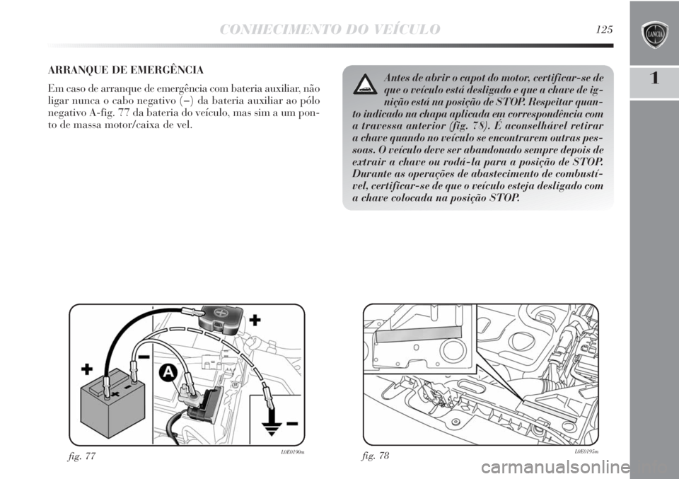 Lancia Delta 2013 Manual de Uso e Manutenção (in Portuguese) CONHECIMENTO DO VEÍCULO125
1ARRANQUE DE EMERGÊNCIA
Em caso de arranque de emergência com bateria auxiliar, não
ligar nunca o cabo negativo (−) da bateria auxiliar ao pólo
negativo A-fig. 77 da Lancia Delta 2013 Manual de Uso e Manutenção (in Portuguese) CONHECIMENTO DO VEÍCULO125
1ARRANQUE DE EMERGÊNCIA
Em caso de arranque de emergência com bateria auxiliar, não
ligar nunca o cabo negativo (−) da bateria auxiliar ao pólo
negativo A-fig. 77 da