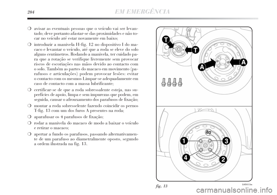 Lancia Delta 2013  Manual de Uso e Manutenção (in Portuguese) 204EM EMERGÊNCIA
❍avisar as eventuais pessoas que o veículo vai ser levan-
tado; deve portanto afastar-se das proximidades e não to-
car no veículo até estar novamente em baixo;
❍introduzir a
