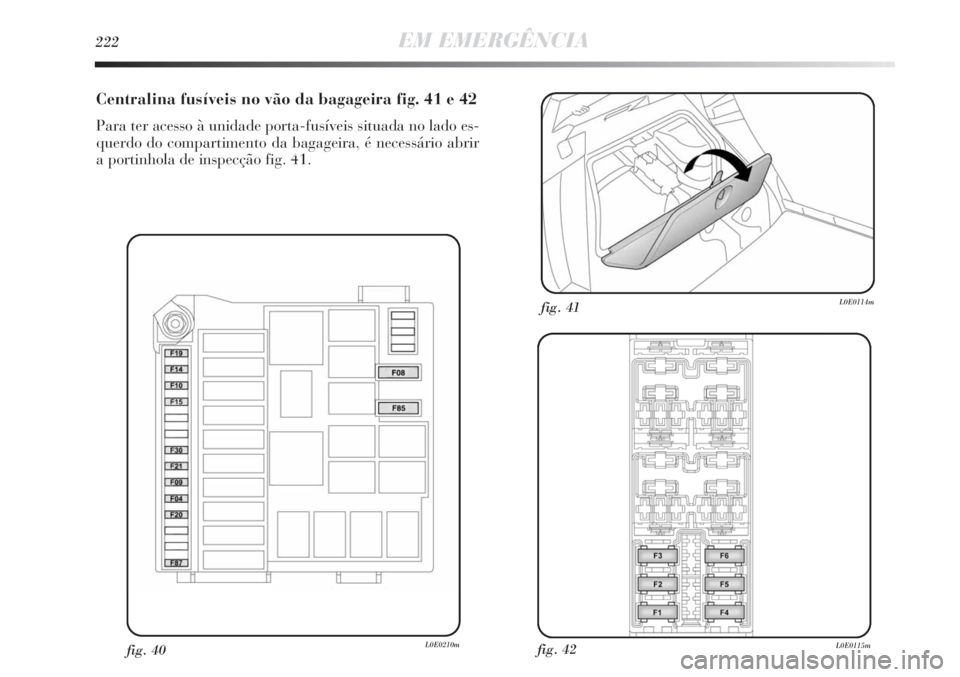 Lancia Delta 2013 Manual de Uso e Manutenção (in Portuguese) 222EM EMERGÊNCIA
Centralina fusíveis no vão da bagageira fig. 41 e 42
Para ter acesso à unidade porta-fusíveis situada no lado es-
querdo do compartimento da bagageira, é necessário abrir
a por Lancia Delta 2013 Manual de Uso e Manutenção (in Portuguese) 222EM EMERGÊNCIA
Centralina fusíveis no vão da bagageira fig. 41 e 42
Para ter acesso à unidade porta-fusíveis situada no lado es-
querdo do compartimento da bagageira, é necessário abrir
a por