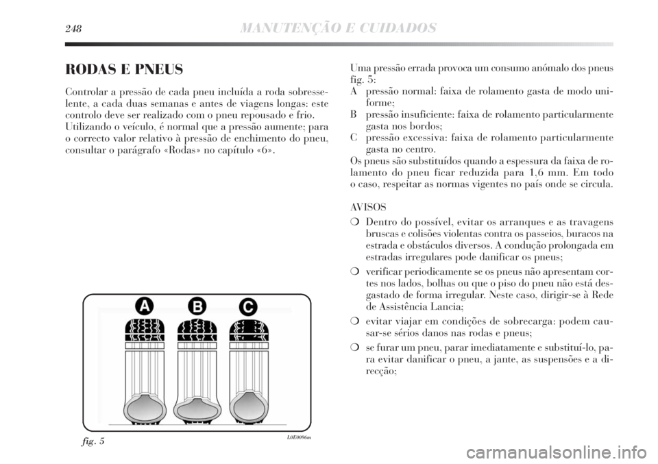 Lancia Delta 2013  Manual de Uso e Manutenção (in Portuguese) 248MANUTENÇÃO E CUIDADOS
RODAS E PNEUS
Controlar a pressão de cada pneu incluída a roda sobresse-
lente, a cada duas semanas e antes de viagens longas: este
controlo deve ser realizado com o pneu 