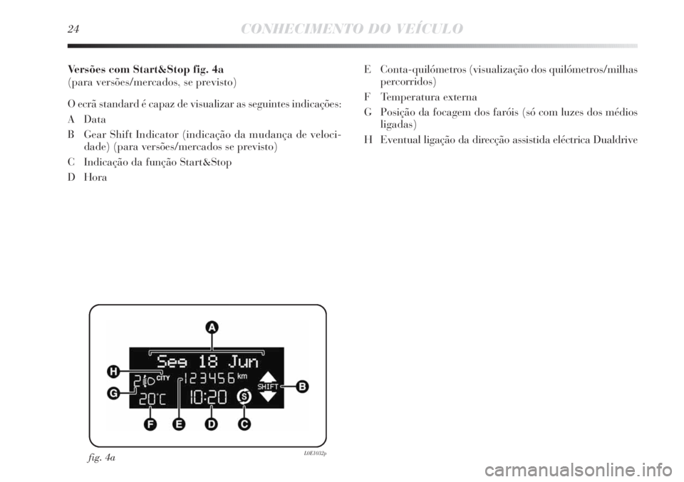 Lancia Delta 2013  Manual de Uso e Manutenção (in Portuguese) 24CONHECIMENTO DO VEÍCULO
Versões com Start&Stop fig. 4a
(para versões/mercados, se previsto)
O ecrã standard é capaz de visualizar as seguintes indicações:
A Data
B Gear Shift Indicator (indic