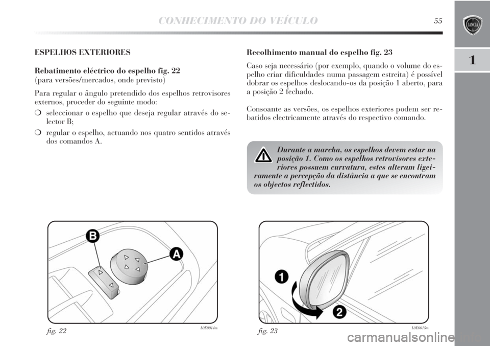 Lancia Delta 2013  Manual de Uso e Manutenção (in Portuguese) CONHECIMENTO DO VEÍCULO55
1
ESPELHOS EXTERIORES
Rebatimento eléctrico do espelho fig. 22
(para versões/mercados, onde previsto)
Para regular o ângulo pretendido dos espelhos retrovisores
externos,