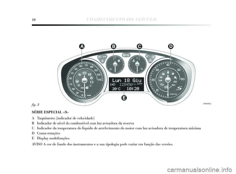 Lancia Delta 2014  Manual de Uso e Manutenção (in Portuguese) 10CONHECIMENTO DO VEÍCULO
SÉRIE ESPECIAL «S»
A Taquímetro (indicador de velocidade) 
B Indicador de nível do combustível com luz avi sadora da res erva
C Indicador da temperatura do líquido de